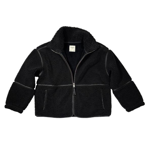 Abercrombie & Fitch Black Sherpa Jacket Women's Size L Faux Leather Trim Detail - Picture 1 of 8